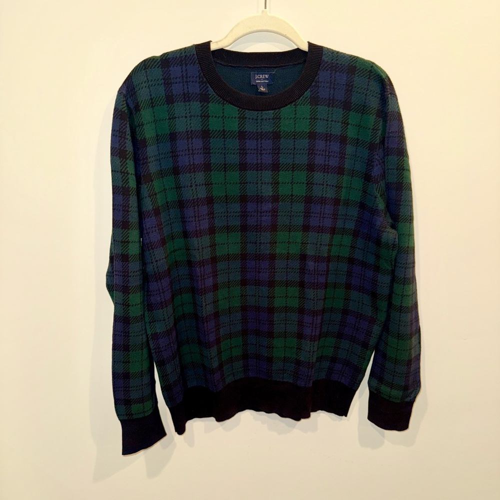 J. Crew Men's Blackwatch Plaid Crewneck Sweater Size L- Black, Green, Blue